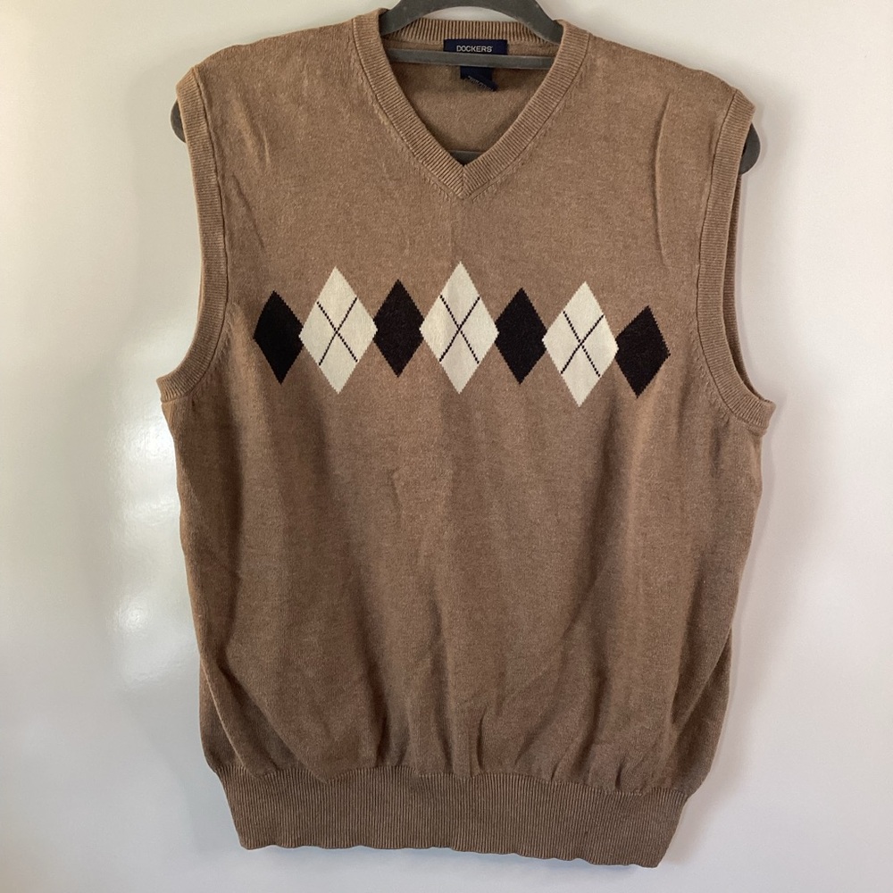 Vintage Mens Dockers 100% Cotton Argyle Sweater Vest VNeck Sz L
